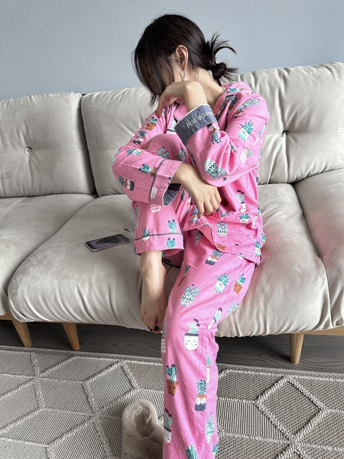 Gift for her - New Ladies Pink Brushed Cotton Pyjamas Set with Cactus  Print