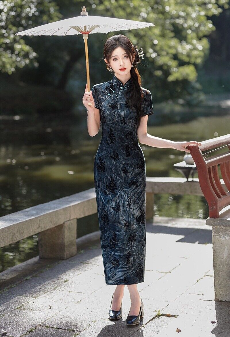 New Luxurious Velvet Chinese China Blue Jacquard Long Dress Cheongsam Qipao