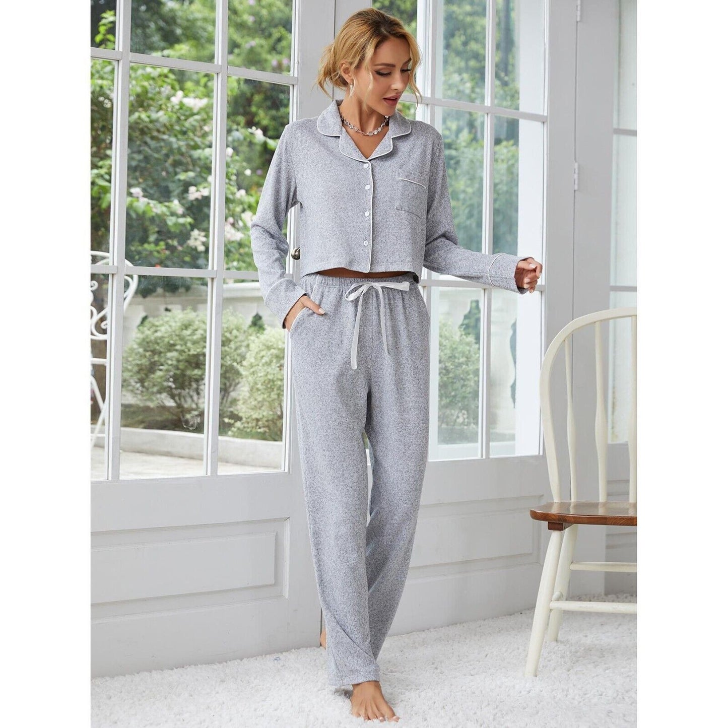 New Elegant Grey Cotton Comfy Ladies Pyjama Set with Stylish Contrast Piping