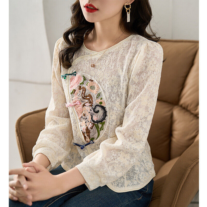 New Exquisite Ladies Lace Chinese Style Shirt with Floral Embroidery Detail