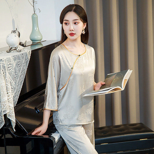 New Elegant Chinese-Inspired Satin Grey Floral Printing Pyjama Set for Women