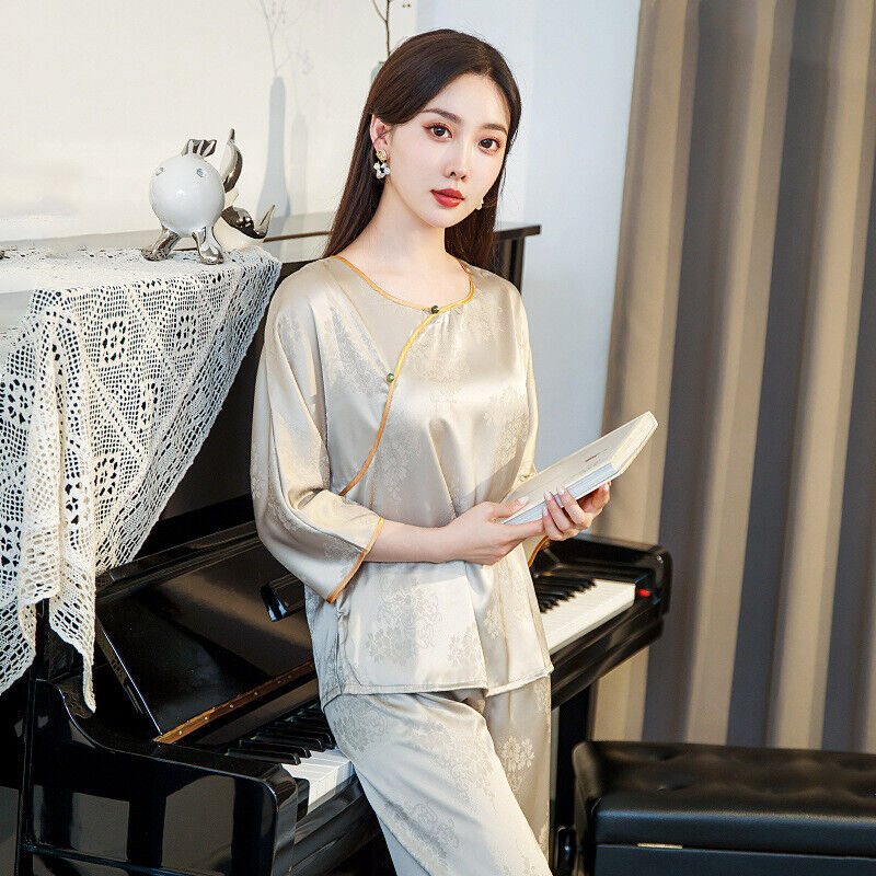 New Elegant Chinese-Inspired Satin Grey Floral Printing Pyjama Set for Women