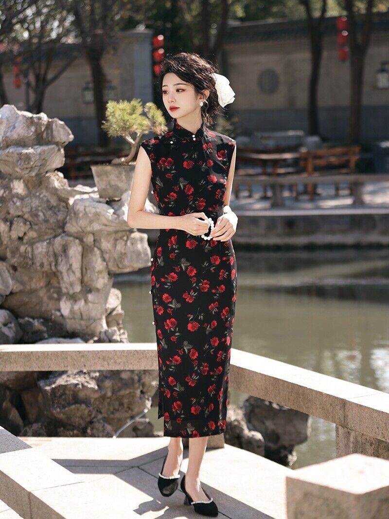 Eternal Blossom: Elegant Black Chinese Qipao Cheongsam Dress in Floral Chiffon