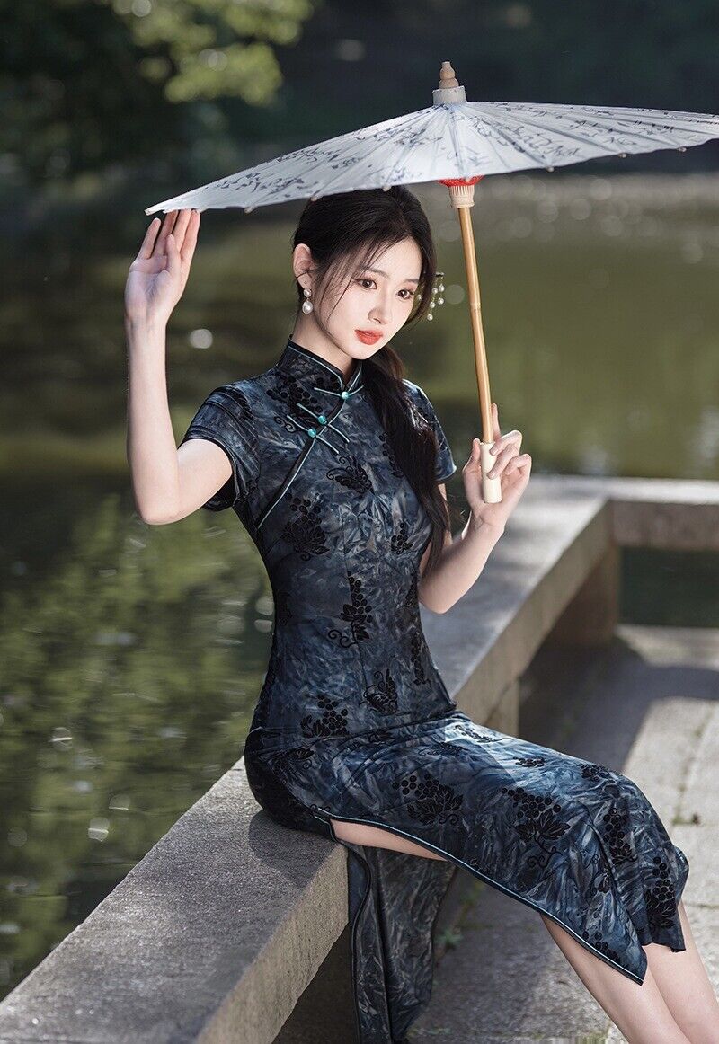 New Luxurious Velvet Chinese China Blue Jacquard Long Dress Cheongsam Qipao