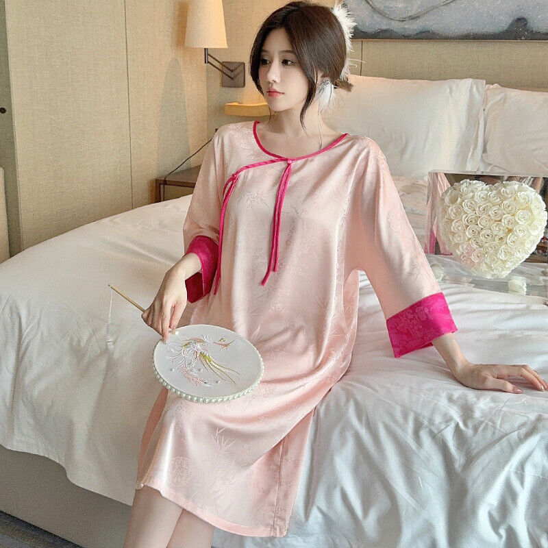 Luxurious Blossom Pink Ladies Satin Night Dress with Chinese Inspirational Touch