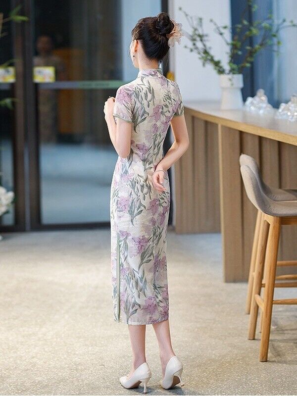 New Blossoming Elegance Chinese Lilac Floral Prints Long Cheongsam Qipao Dress