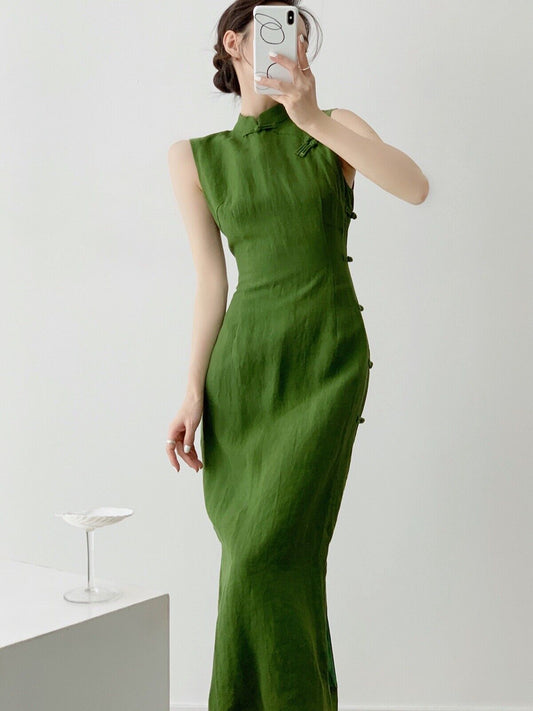 Traditional Ladies Elegant Chinese Willow Green Sleeveless Qipao Cheongsam Dress