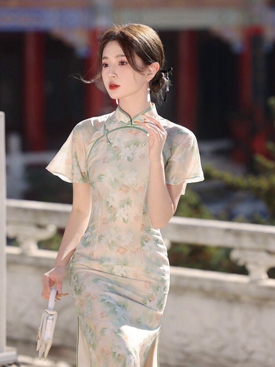 Ethereal Blossom Elegant Long Green Qipao Cheong Dress in Pastel Floral Jacquard