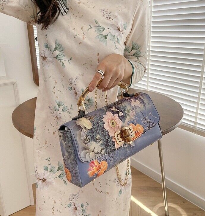 Twilight Blossom: Chinese-Inspired Floral Handbag with Bamboo Handle