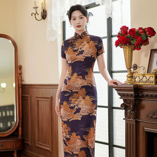 Ladies Chinese Purple Golden Ancient Scenery Prints Trim Dress Cheongsam Qipao