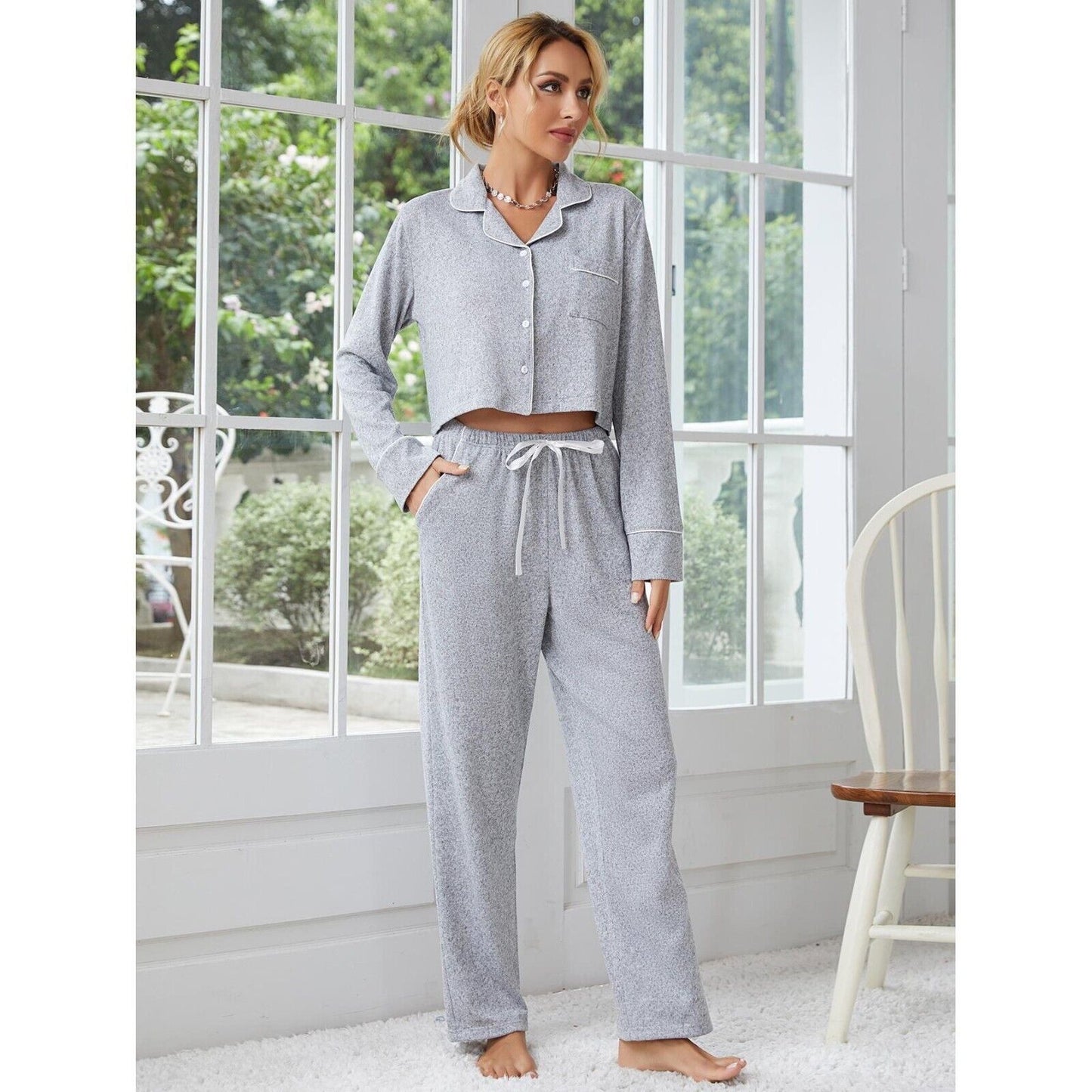 New Elegant Grey Cotton Comfy Ladies Pyjama Set with Stylish Contrast Piping