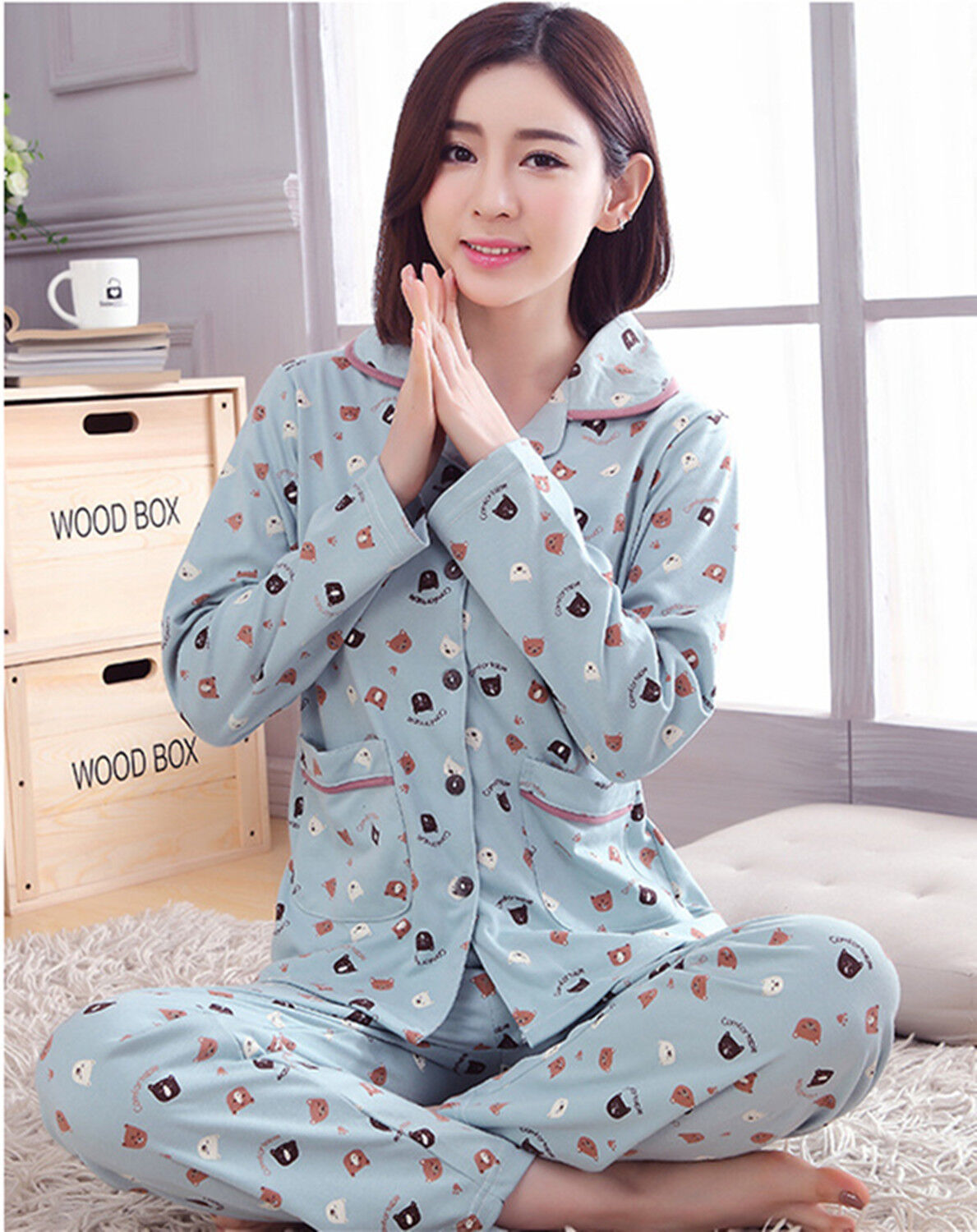 New Ladies Women Cute Teddy Bears Mint Top & Trousers Pyjamas Pajamas ladpj68