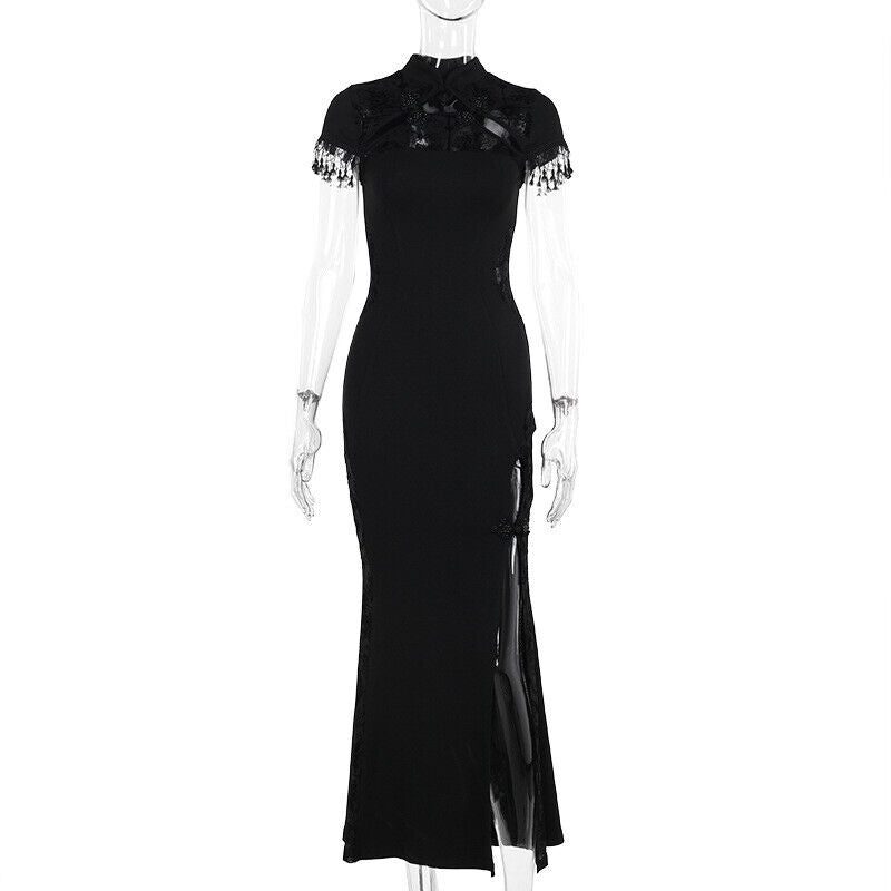 Luxurious Chinese Magic Black Gothic-Inspired Lace Cheongsam Qipao Dress