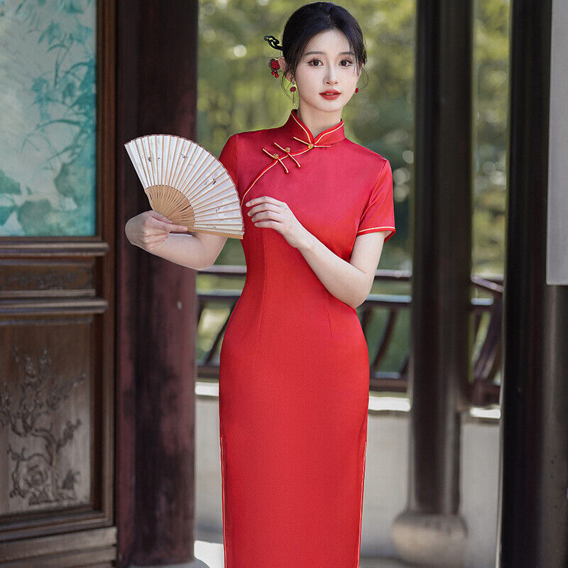 Elegant Traditional Chinese Cheongsam High Slit Mandarin Collar Red Qipao Dress