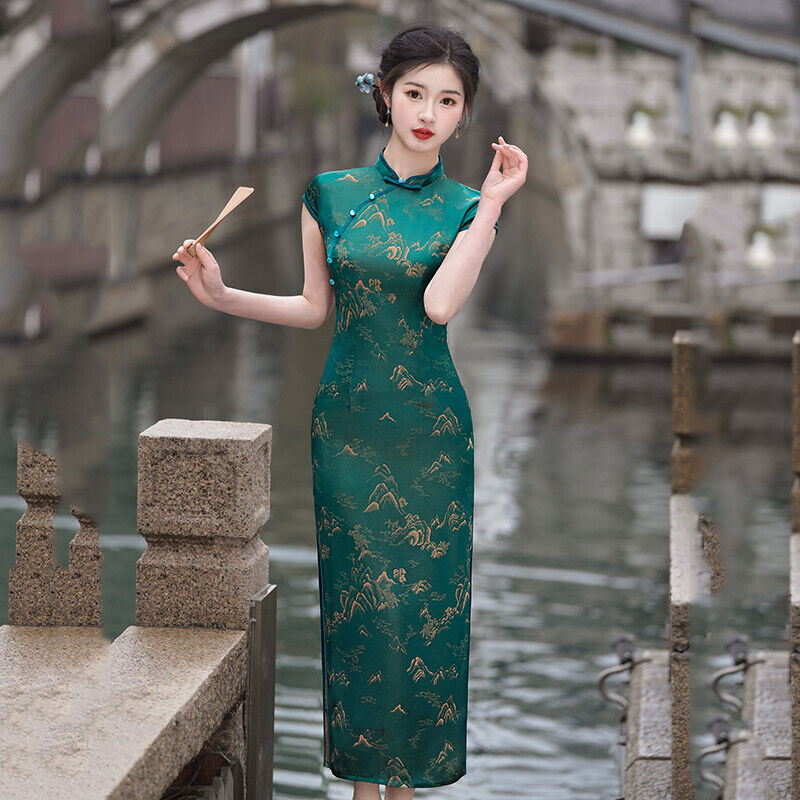 Chinese Elegant Emerald Satin Cheongsam Qipao Dress with Golden Mountain Motif