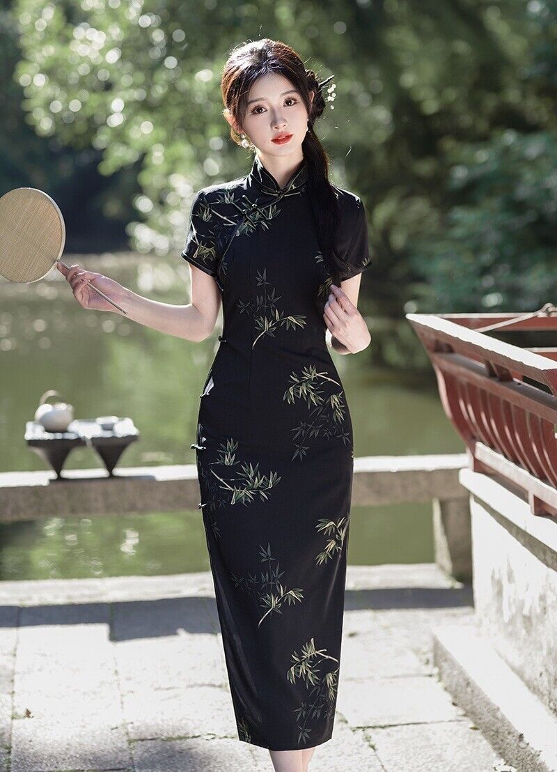 Elegant Traditional Chinese Cheongsam Mandarin Collar Bamboo Black Qipao Dress