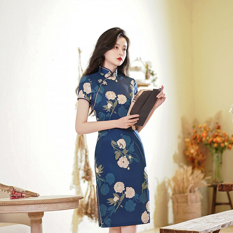 New Ladies Chinese Azure Blue & White Floral Prints Trim Dress Cheongsam Qipao