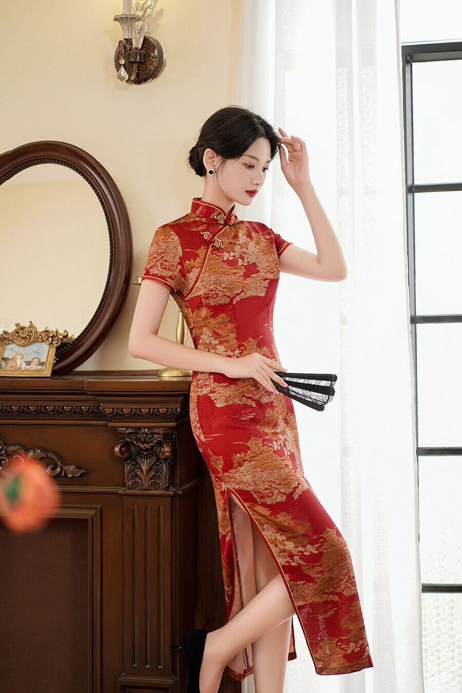 Ladies Chinese Red With Golden Ancient Scenery Prints Trim Dress Cheongsam Qipao