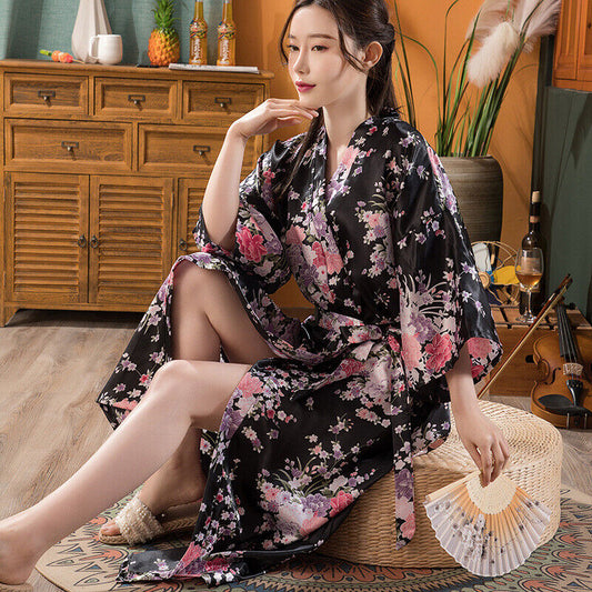 Elegant Japanese Chinese Satin Black Floral Design Ladies Kimono Style Bathrobe