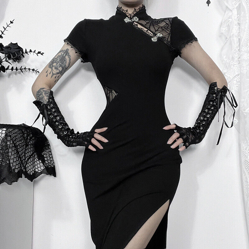 Luxurious Chinese Magic Black Gothic-Inspired Lace Cheongsam Qipao Dress