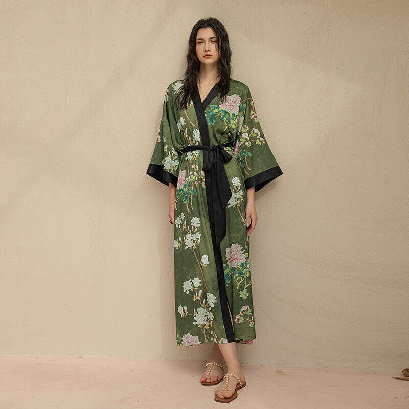 Elegant Floral Chinese Style Long Dressing Gown  Bath Robe One Size Fits UK 8-16