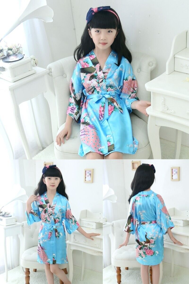 New Girls Chinese Brilliant Blue Peacock Prints  Satin Kimono Dressing Gown Robe