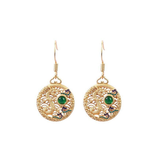 Chinese-Inspired Dragon Motif Gold-Plated Earrings with Green Gemstone Accents