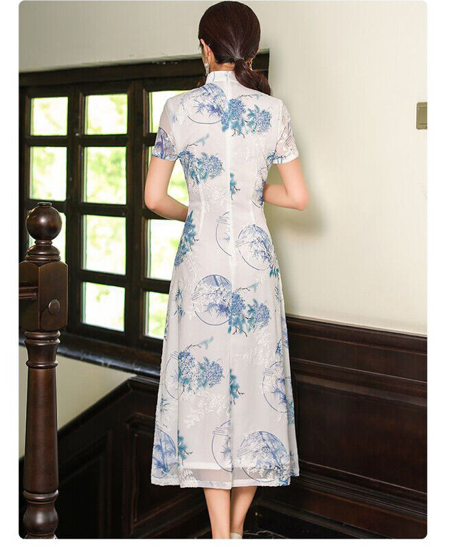 Ladies Blue Floral & Bamboo Prints Chinese Long Dress Cheongsam Qipao lcdress203