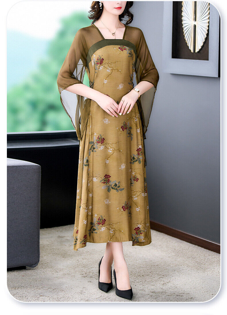 New Luxurious Chinese Oil Paint Ochre Tulle Floral Prints Cheongsam Qipao Dress