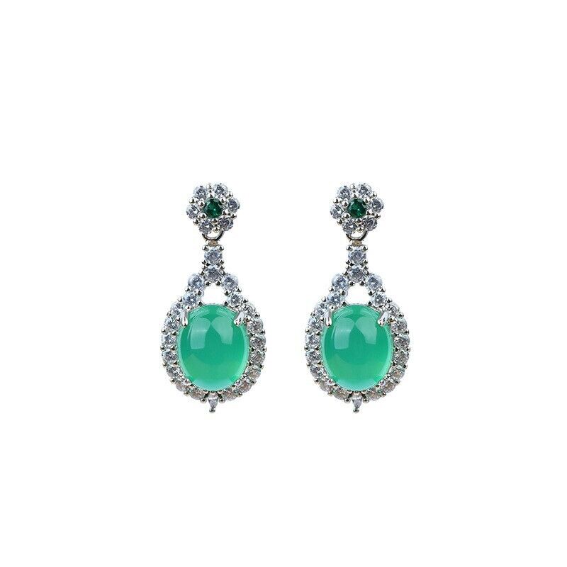 Elegant Crystal Jade Drop Earrings Luxury Green Gemstone Accents Silver Settings