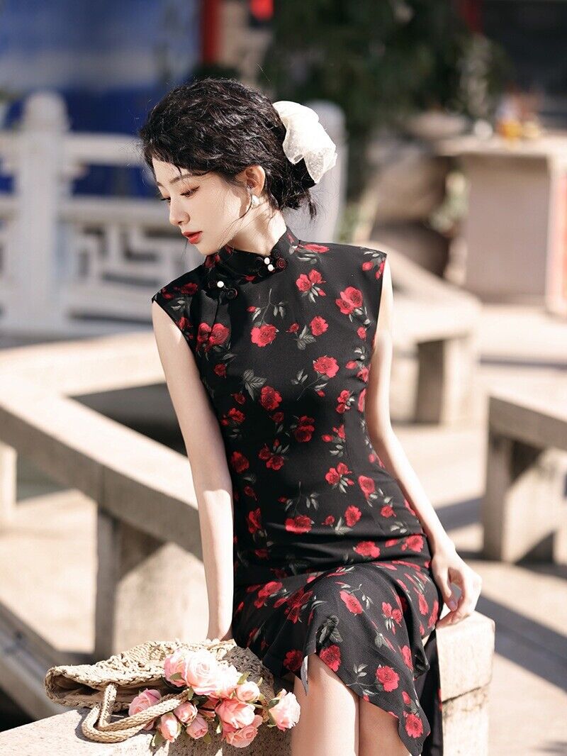 Eternal Blossom: Elegant Black Chinese Qipao Cheongsam Dress in Floral Chiffon