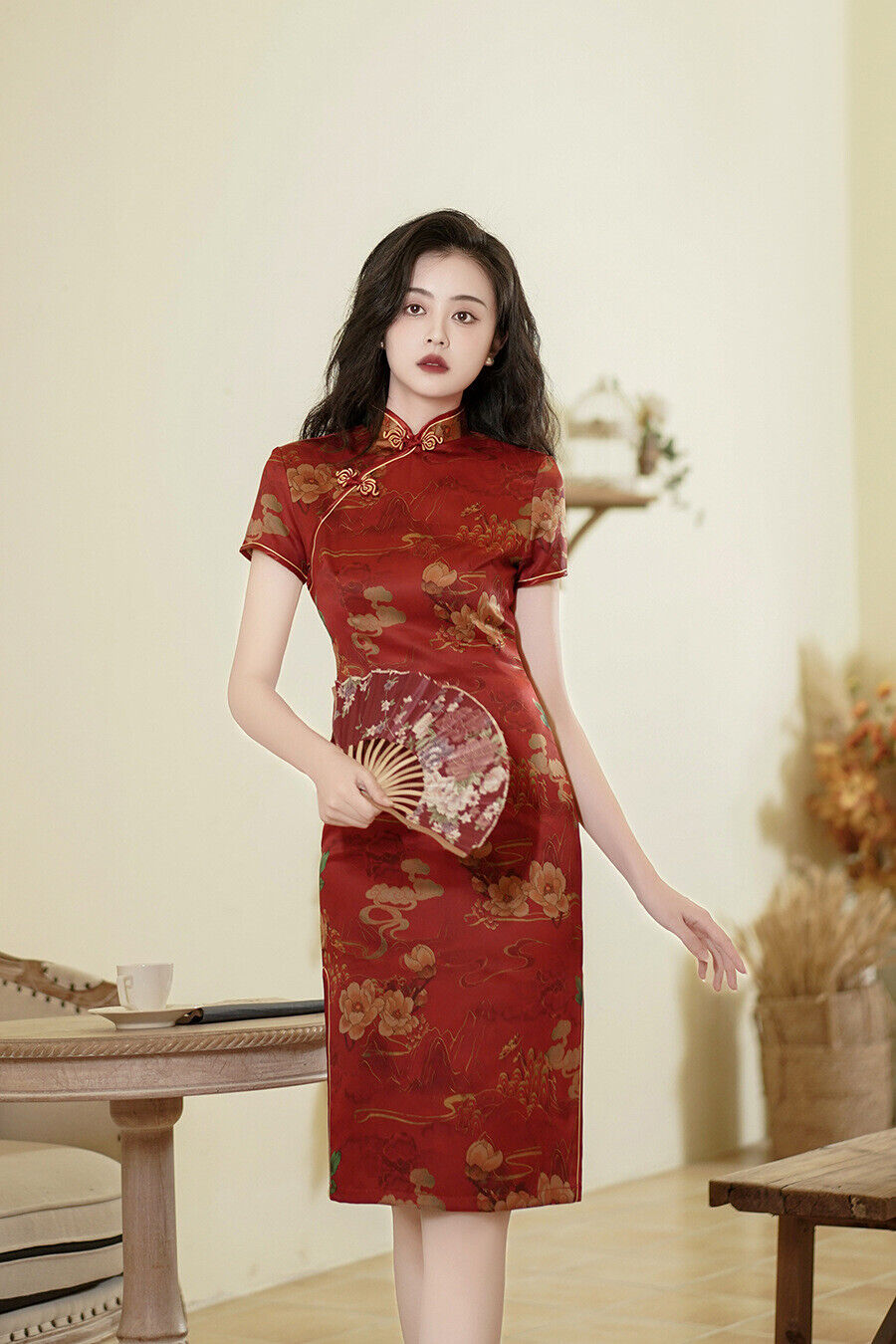 New Ladies Chinese China Red Golden Floral Prints Trim Dress Cheongsam Qipao