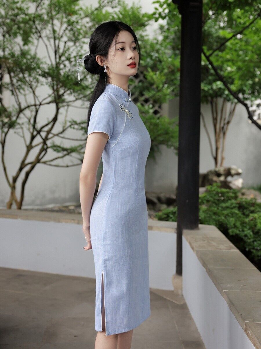 Serenity Sky: Light Blue Cotton-Linen Qipao Cheongsam Dress Over-the-Knee Length