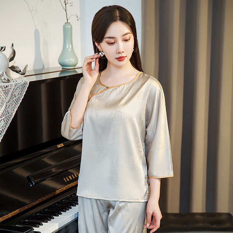 New Elegant Chinese-Inspired Satin Grey Floral Printing Pyjama Set for Women