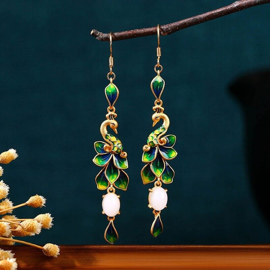 New Chinese Style Enchanting Peacock Feather Drop Earrings with Jade Accents