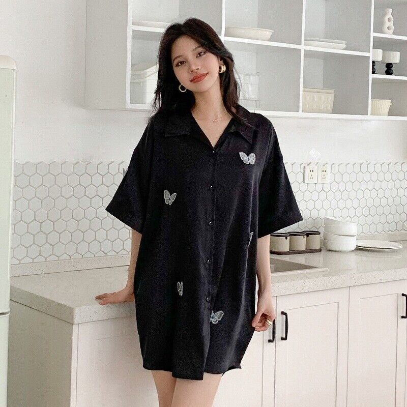 Elegant Womens Synthetic Silk Pyjama Set Long Shirt Style Top with Elastic Short