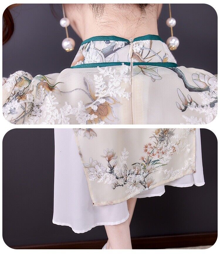 Luxurious Chinese Light Green Chiffon Floral Faux 2-Piece Cheongsam Qipao Dress