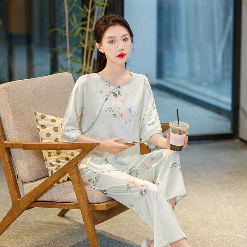 Elegant Chinese-Inspired Satin Serene Green Floral Printing Pyjama Set for Women