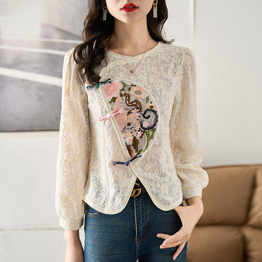 New Exquisite Ladies Lace Chinese Style Shirt with Floral Embroidery Detail