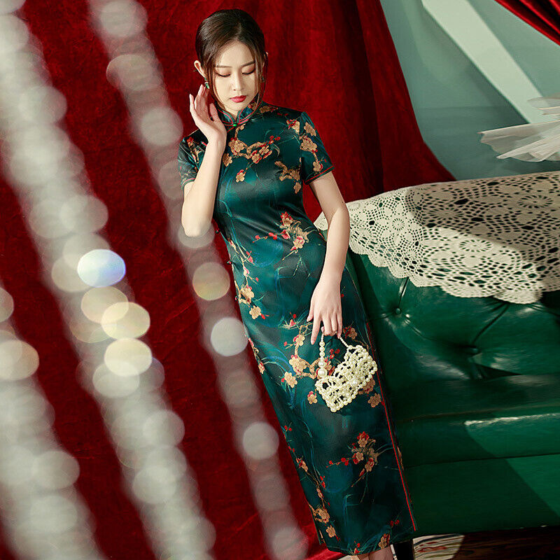 Luxurious Chinese Satin Forest Green Gold Blossom Long Cheongsam Qipao Dress