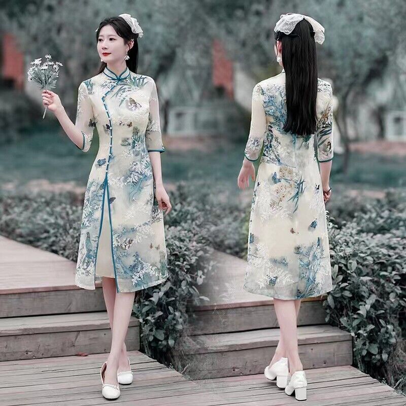 New Luxurious Muslin Chinese Willow Green Embroidered Dress Cheongsam Qipao