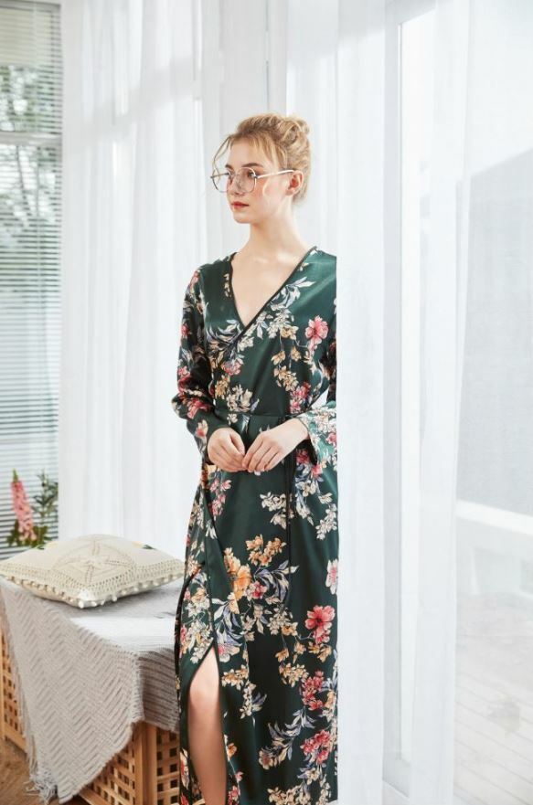 Luxurious Ladies Green Flower Prints Long Silky Dressing Gown Bath Robe ladpj246