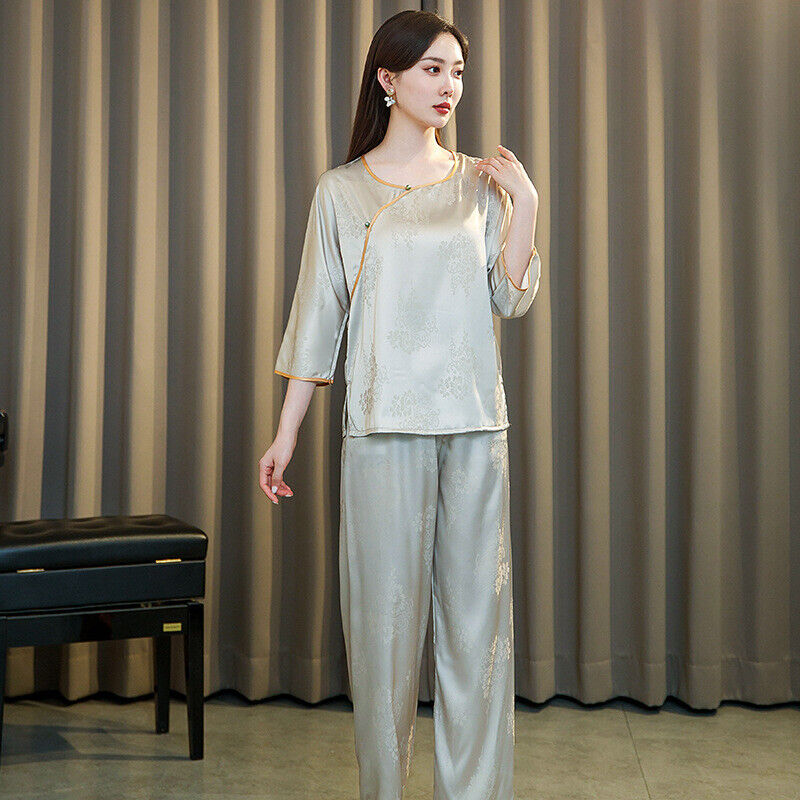 New Elegant Chinese-Inspired Satin Grey Floral Printing Pyjama Set for Women