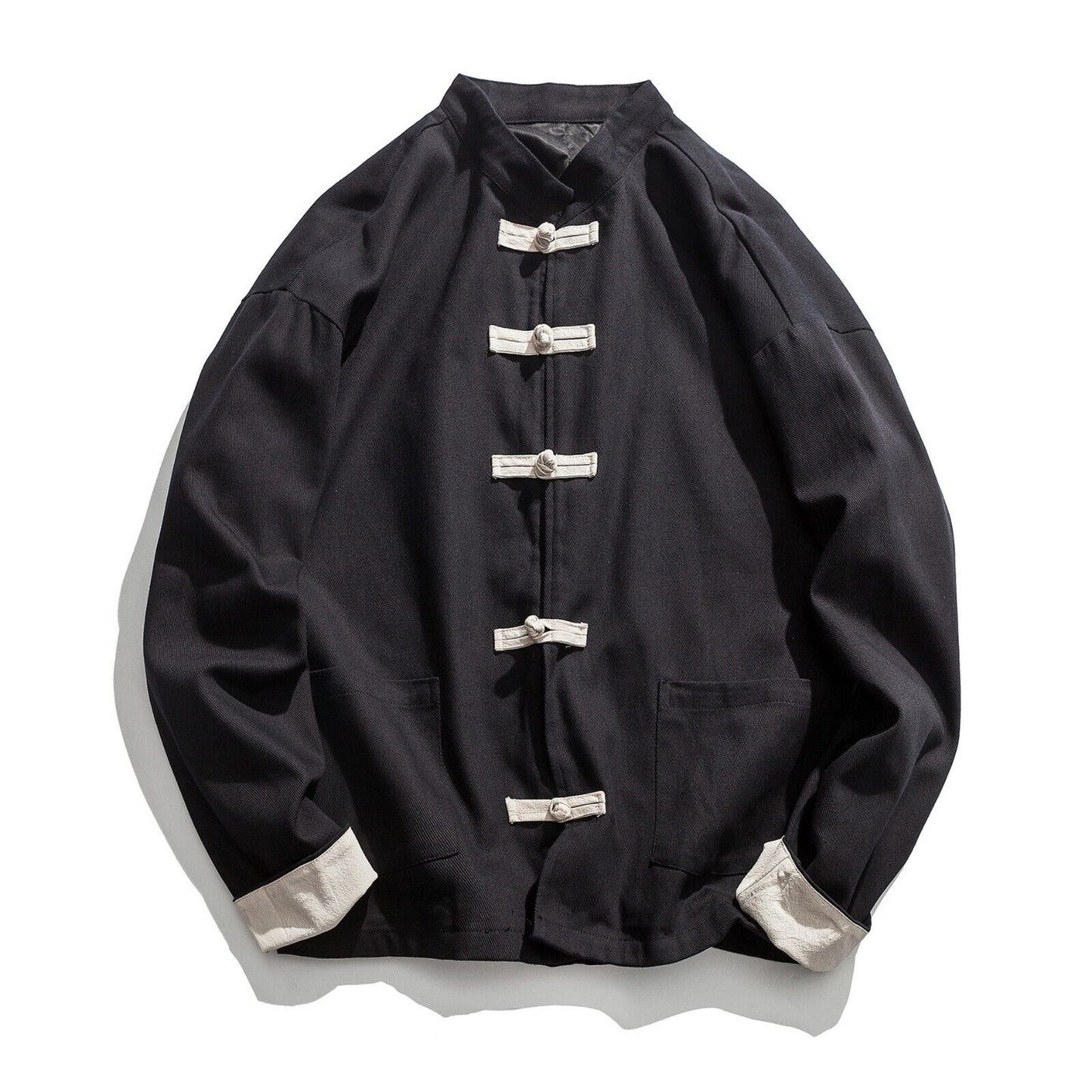 New Men's Chinese Kung Fu Style Black Jacket with Traditional White Fastenings