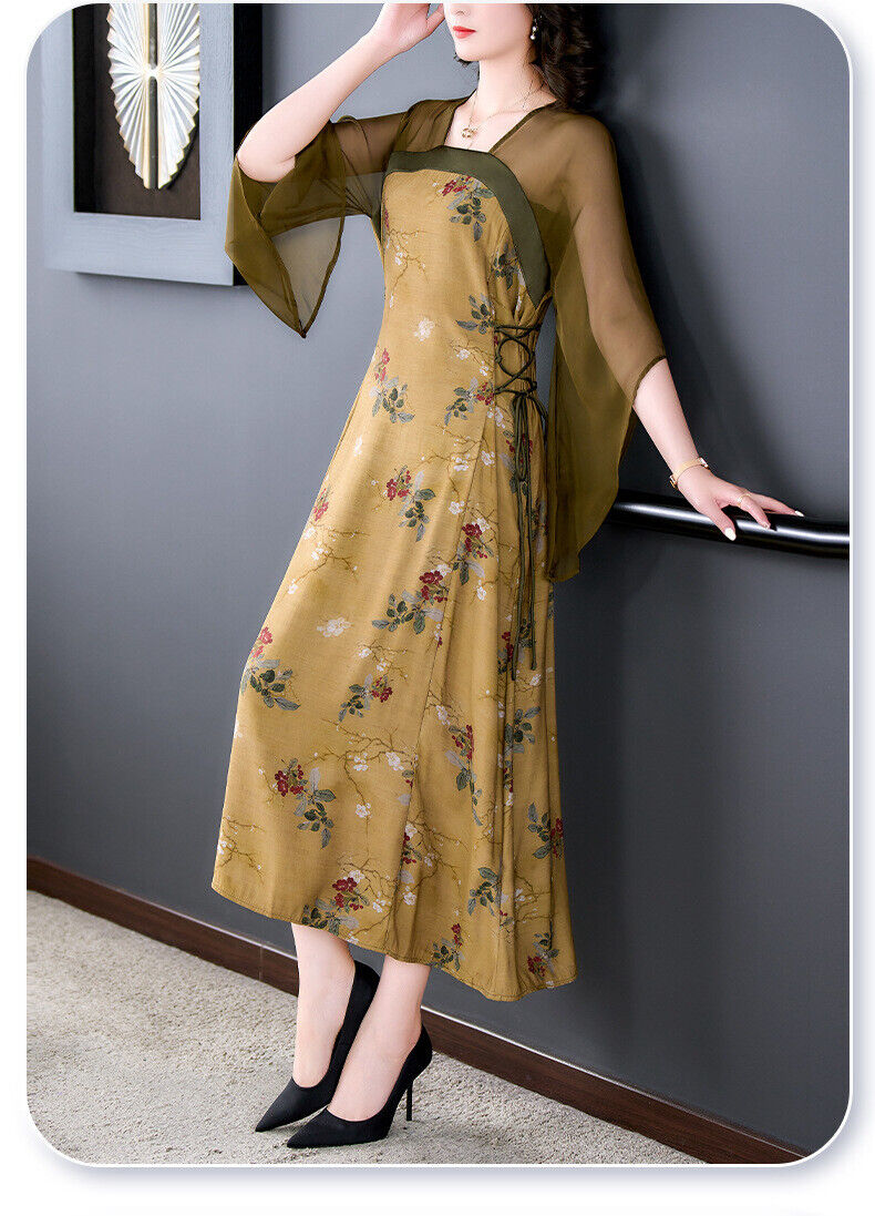 New Luxurious Chinese Oil Paint Ochre Tulle Floral Prints Cheongsam Qipao Dress