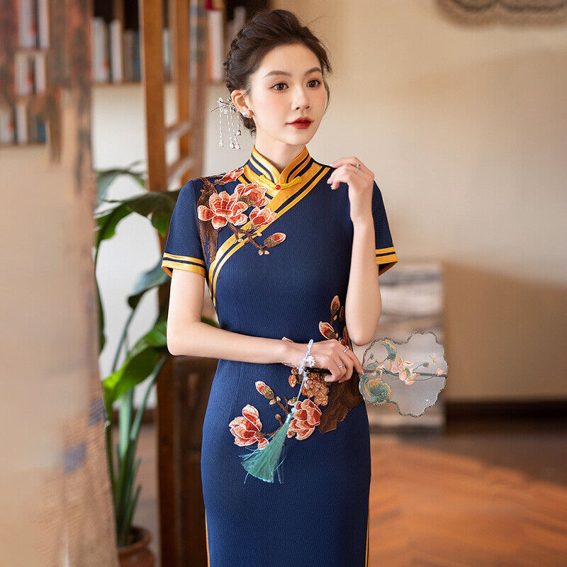 New Luxurious Satin Chinese Midnight Blue Embroidered Long Dress Cheongsam Qipao