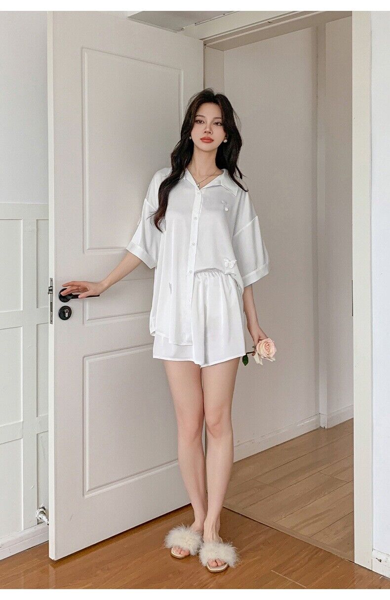 Elegant Womens Synthetic Silk Pyjama Set Long Shirt Style Top with Elastic Short