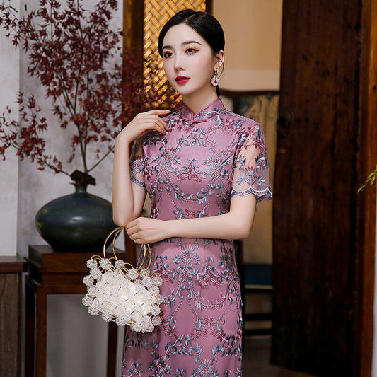 New Ladies Purple Mesh Embroidery Beaded Chinese Style Qipao Cheongsam Dress.