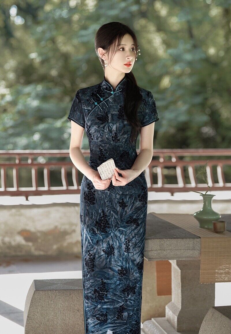 New Luxurious Velvet Chinese China Blue Jacquard Long Dress Cheongsam Qipao