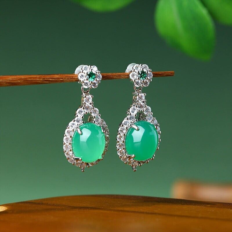 Elegant Crystal Jade Drop Earrings Luxury Green Gemstone Accents Silver Settings